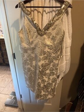 Lilly Pulitzer Cream and Gold Embellished V-Neck Dress